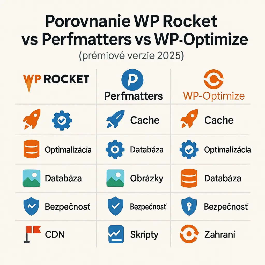 Porovnanie WP Rocket vs Perfmatters vs WP‑Optimize (prémiové verzie 2025)